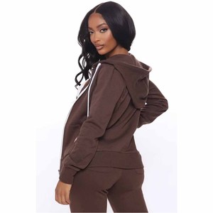 <b>Women</b> Brown Hooded Zipper Sweatshirt <b>Set</b> Solid Color Casual Knitted Full Sleeve Autumn Wear - Product Image 2