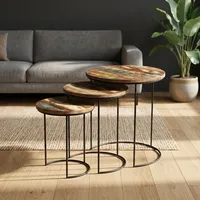 Ensemble de tables d'appoint rondes en bois modernes avec cadre en métal noir, meubles rustiques pour salon