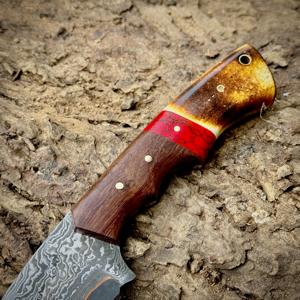 Cuchillo de caza de hoja fija de cobre damasco hecho a mano con gancho para tripas, espiga completa, biselado, ODM OEM, para uso industrial, camping y actividades al aire libre - Product Image 2