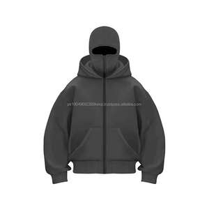 Sweat à capuche unisexe en molleton français à épaules tombantes, style streetwear, cagoule ninja, double capuche, fermeture éclair intégrale, double couche - Product Image 3