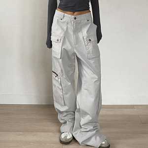 High <b>Waist</b> Plus Size Women's Cargo Pants Full Length Loose Fit Solid Color Cotton Casual <b>Elastic</b> <b>Waist</b> Style - Product Image 3