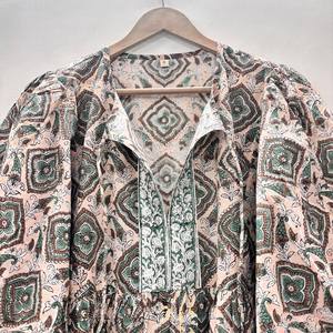 Floral Hand Block Print Handmade Eco-Friendly Cotton V-neck 3/4 Sleeve Lace Ruffle Hem Natural Washable Formal Vintage <b>Dress</b> - Product Image 2