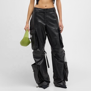 <b>Men's</b> High Waist PU Leather Cargo Pants With Multiple Pockets Workwear Style Elastic Waist <b>Black</b> Color - Product Image 4