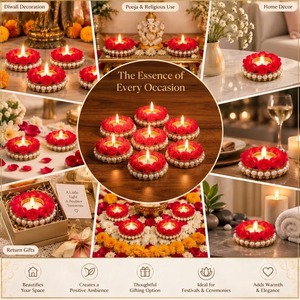 Lanterne Diya Classique Rouge Indienne en Laiton avec Fleurs, Porte-Bougie Traditionnel pour Bougies Chauffe-Plat, Décoration de Table Perlée pour Mariage et Anniversaire - Product Image 4