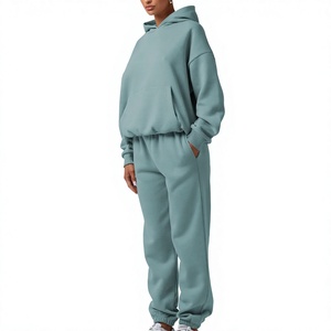 Ensemble de survêtement 2 pièces pour femme en coton 100% de haute qualité, vêtements d'entraînement et survêtement décontracté uni avec logo personnalisé surdimensionné, respirant - Product Image 4