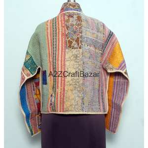 Veste à col roulé boutonnée en coton 100% pour femme, tricotée à la main, réversible, écologique, respirante, séchage rapide, style vintage Kantha - Product Image 5