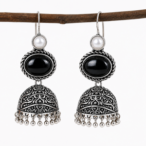 Pendientes Jhumka de Ónix Negro |   Joyería Étnica de Plata Oxidada al por Mayor - Product Image 5