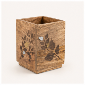 Handcrafted Mango Wood Cutlery Holder With Elegant Metal Leaf Inlay Rustic <b>Kitchen</b> Utensil <b>Caddy</b> & Countertop Organizer For Home - Product Image 1