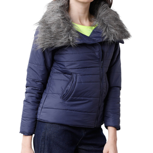 Veste matelassée d'hiver pour femmes grandes tailles, bleu marine, avec capuche en fourrure - Product Image 4
