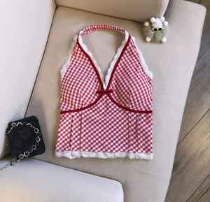 Women's Casual Seamless Halter Neck <b>Built</b>-<b>In</b> <b>Bra</b> Crop Top Lace Trim Gingham Pattern Soft Cotton-Spandex Blend Eco-Friendly - Product Image 5