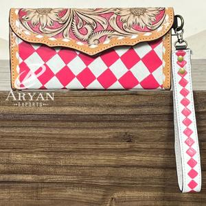 Cartera de mano de cuero genuino con patrón a cuadros y diseño floral repujado, hecha a mano, estilo vintage 2026, para mujer, estilo occidental - Product Image 1