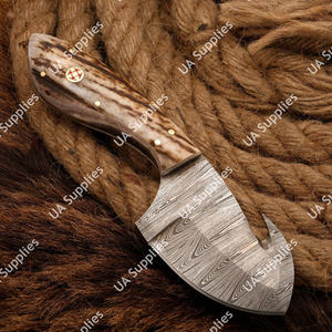 Couteau de chasse et de pêche EDC à lame fixe en acier Damas forgé à la main, avec poignée en corne de cerf et étui en cuir - Product Image 2