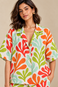 Conjunto de pantalones cortos de viscosa y algodón con estampado digital para mujer – Camisa de manga corta holgada y pantalones cortos a juego, ropa de verano para resort - Product Image 4
