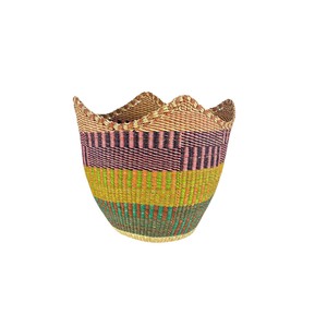 Durable Handcrafted Seagrass Laundry Basket with Scalloped Rim Multi Color Stripe Accent Multi Functional <b>Container</b> Bin - Product Image 1