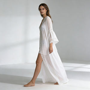 Vente flash sur Temu : Robe longue blanche élégante pour femme, avec dentelle et manches bouffantes, robe de mariée pour la nuit de noces et la lune de miel - Product Image 4