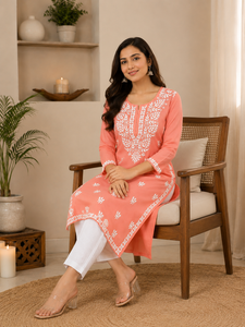 Peach Floral Hand Block Print Cotton <b>Kurta</b> for Women Sleeves Straight Fit Buy Direct From Supplier - Product Image 1