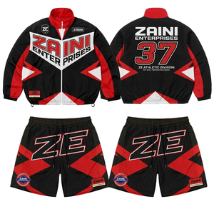 Mens 120 GSM Polyester Microfiber <b>Windbreaker</b> Short Set <b>Black</b> Red White Panel Custom Sublimation Logo - Product Image 1