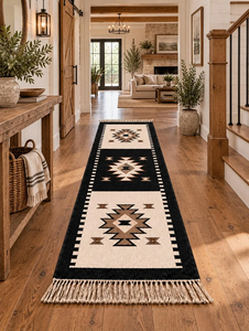 Tapis de couloir étroit noir ivoire en laine et jute tissé à la main, motif géométrique tribal du Sud-ouest, style bohème rustique, tapis d'appoint pour ferme - Product Image 2