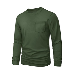 T-shirt en coton uni pour homme, décontracté, col rond, manches longues, nouveau t-shirt à manches longues pour homme avec poche - Product Image 2