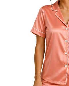 Conjunto de pijama de satén rosa melocotón personalizado por el fabricante para mujer, ropa de dormir de seda de lujo con bolsillo bordado, conjunto de descanso de manga corta suave. - Product Image 2