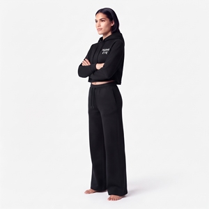 Women's Black Cropped Hoodie And Wide Leg <b>Jogger</b> Set Full Sleeve Cotton Fleece Casual Wear Tracksuit - Product Image 3