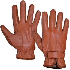 Guantes de equitación de cuero de cabra marrón, con dedos completos, correa de muñeca ajustable, cierre de hebilla, unisex, para deportes al aire libre - Product Image 6
