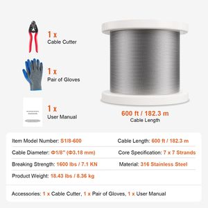 Kit Cavo in Acciaio Inox 316 da 1/8'' 600 Piedi con Tagliacavi e Guanti, Resistenza alla Rottura 1600 Libbre, 7x7 Fili, Corde per Costruzioni - Product Image 4