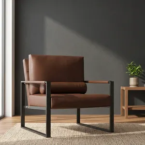 Fauteuil moderne en cuir PU marron avec structure en métal noir, assise et accoudoirs rembourrés, fauteuil lounge contemporain une place - Product Image 6