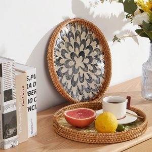 Handmade Rattan <b>Round</b> Tray Decorative Mother of Pearl Tray Woven Home Restaurant Decor Food Tray made in Vietnam - Product Image 4