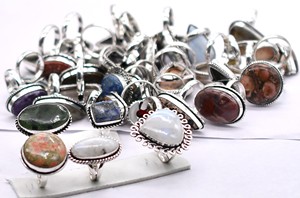 Vintage 925 Silver Plated <b>Statement</b> <b>Ring</b>, Natural Mixed Gemstones Christian Bezel <b>Ring</b>, Unisex Antique Brass Wedding Band - Product Image 2