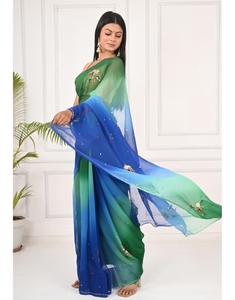 Sari floral KV émeraude et saphir avec chemisier non cousu - Product Image 4