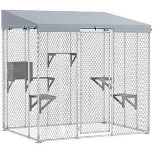 Gabbia per Gatti da Esterno in Acciaio Zincato da 79 Pollici con Tettoia Impermeabile, Cuccia e Piattaforme per Saltare, per 1-3 Gattini, Colore Argento - Product Image 1