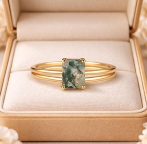 Emerald Cut Moss Agate <b>Ring</b> 925 Sterling Silver Yellow Gold Plated Unique Green Gemstone <b>Dainty</b> Nature Inspired Engagement <b>Ring</b> - Product Image 4