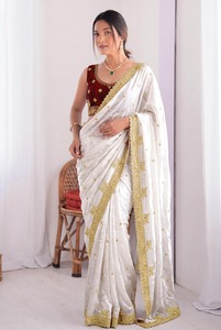 Designer Embroidery And Sequence Work Fandy <b>Satin</b> Silk <b>Saree</b> With Multi Sequence Embroidery Work Unstitched Blouse - Product Image 1