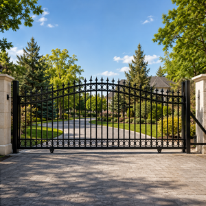 Black Wrought Iron Sliding Driveway <b>Gate</b> with <b>Arched</b> Top Spear Finials Ring Design for Villa Garden Entrance Security - Product Image 3