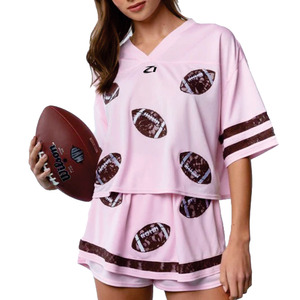 Custom Women’s Cropped Pink American Football Jersey V Neck Sports Inspired Two Piece Short Set Private Label Apparel Supplier - Product Image 6