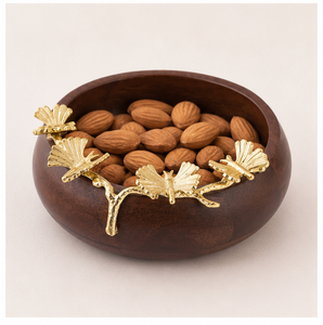 Handcrafted Luxury Wooden Serving Bowl With Artisan Brass Ginkgo Leaf Accents Elegant Centerpiece For Modern Home <b>Table</b> Decor - Product Image 4