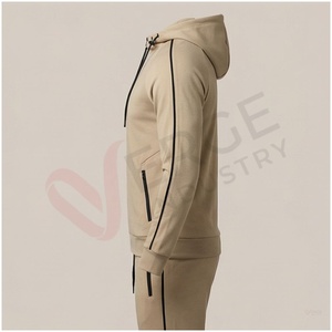 Ensemble de survêtement en molleton beige pour homme, manches longues, col montant, fermeture éclair sur le devant, poches latérales, couleur unie, respirant, décontracté, automne - Product Image 3