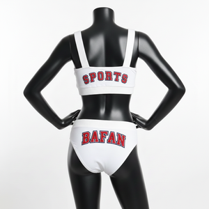 Conjunto de bikini de poli spandex de alta calidad, 185 GSM, color blanco, tela suave y elástica, con logo bordado, diseño personalizado para mujer. - Product Image 5