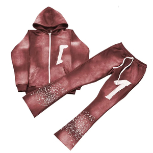 Custom Distressed Embroidery 100% Cotton Windproof Tracksuit Set Oversized Drop Shoulder Streetwear <b>Pullover</b> Acid Wash Hoodie - Product Image 5