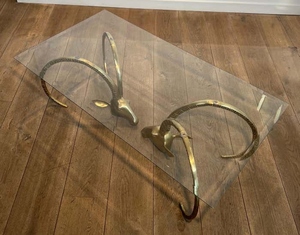 Vintage design brass ibex horn coffee <b>table</b> with beveled glass top sculptural animal horn base luxury safari style center <b>table</b> - Product Image 3
