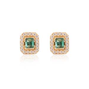 18K Gold Square Cut <b>Emerald</b> and Diamond Statement <b>Stud</b> <b>Earrings</b> - Product Image 3
