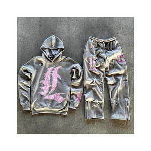 Unisex Gray Breathable Eco-Friendly <b>Tracksuit</b> Set <b>Pink</b> Applique Logo Hoodie Drawstring Pants Streetwear Style Full Length - Product Image 1