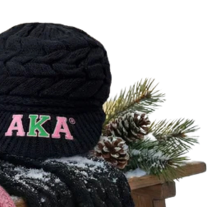 Gorro de invierno de punto trenzado negro AKA con letras bordadas en rosa y verde, suave y cálido, para mujer, color negro - Product Image 6