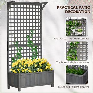 Fioriera Classica in Legno Grigio Scuro con Traliccio per Piante Rampicanti, Letto Rialzato in Metallo e Schermo per la Privacy per Giardino e Patio - Product Image 4