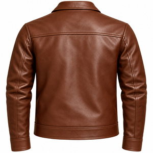 <b>Men's</b> Brown Synthetic Leather <b>Waterproof</b> Quick Dry Reversible <b>Winter</b> Jacket Zip Turn Collar Embroidered Moto Biker <b>Coat</b> - Product Image 2