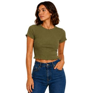 Olive Green Ribbed Crop <b>Top</b> Women Short Sleeve Lettuce Trim Crew Neck Cotton Spandex Slim Fit Casual Summer T Shirt Custom OEM - Product Image 1
