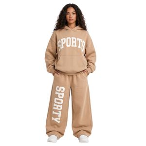 En gros, Ensemble de survêtement à imprimé arche et lettres personnalisées, en molleton épais, avec sweat à capuche et poignets côtelés, coupe ample, pour le sport et les loisirs - Product Image 1