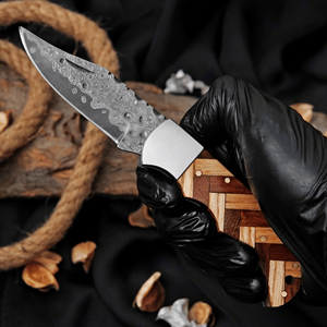 Patterned Carbon Steel Pocket Knife with Wooden Handle High-Polish Finish Leather Sheath Handmade Compact Hand <b>Tool</b> - Product Image 3