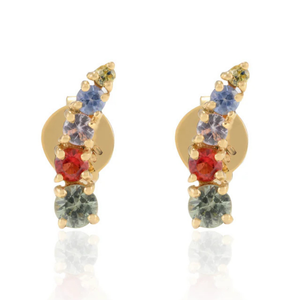 18K Solid <b>Gold</b> Multi Gemstone Dainty <b>Climber</b> Stud <b>Earrings</b> with Pear Cut Diamond Emerald Sapphire - Product Image 1